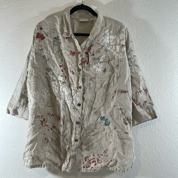 CHICO’S DESIGN Linen taupe tan 1 French country blouse tunic Size 3 (XL/16) - Picture 1 of 7